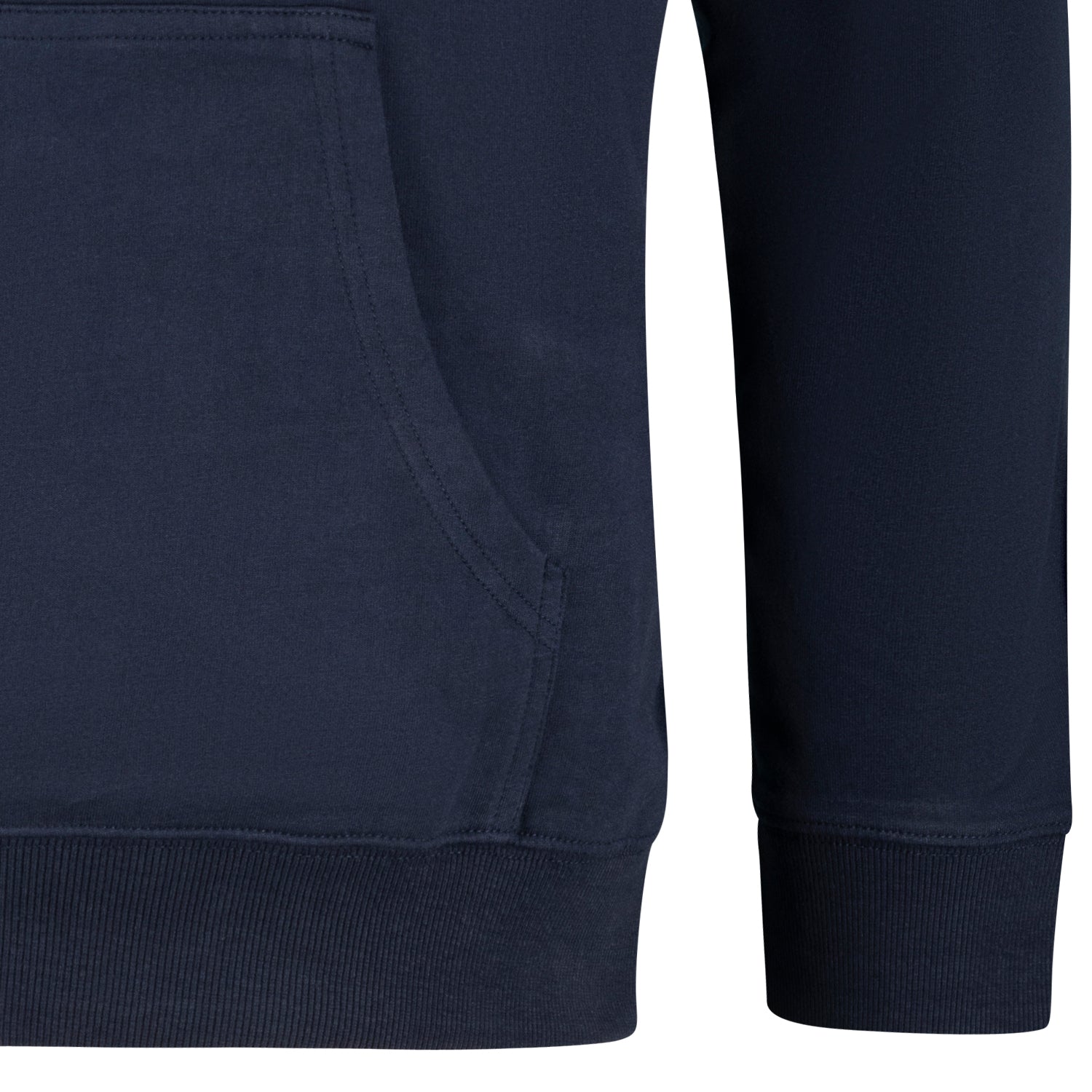 Nahaufnahme der Kängurutasche und des unteren Saums eines navyfarbenen Kapuzensweatshirts von ADAMO, ideal für Männer in Übergrößen.