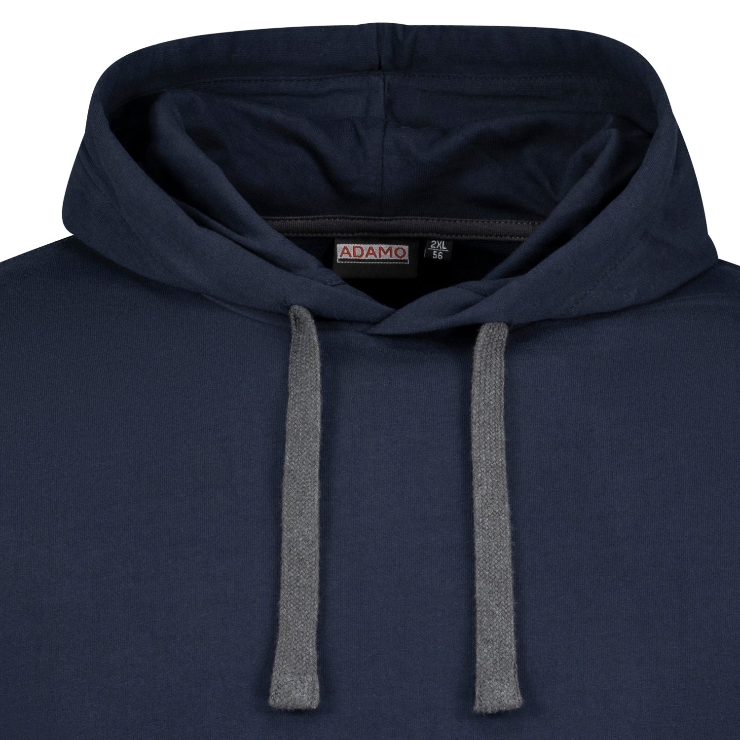 Nahaufnahme des navyfarbenen Kapuzensweatshirts von ADAMO, Fokus auf Kapuze und Kordelzug, ideal für Männer in Übergrößen.