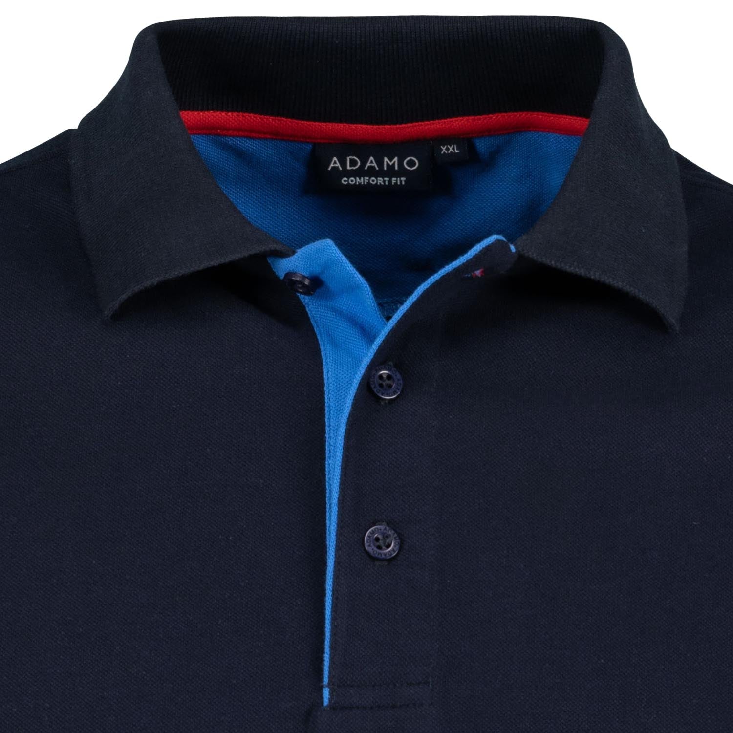 Detailansicht Polokragen und Knopfleiste des Übergrößen Pique Poloshirts COMFORT FIT in Navyblau, Serie PAUL von ADAMO, bis 12XL.